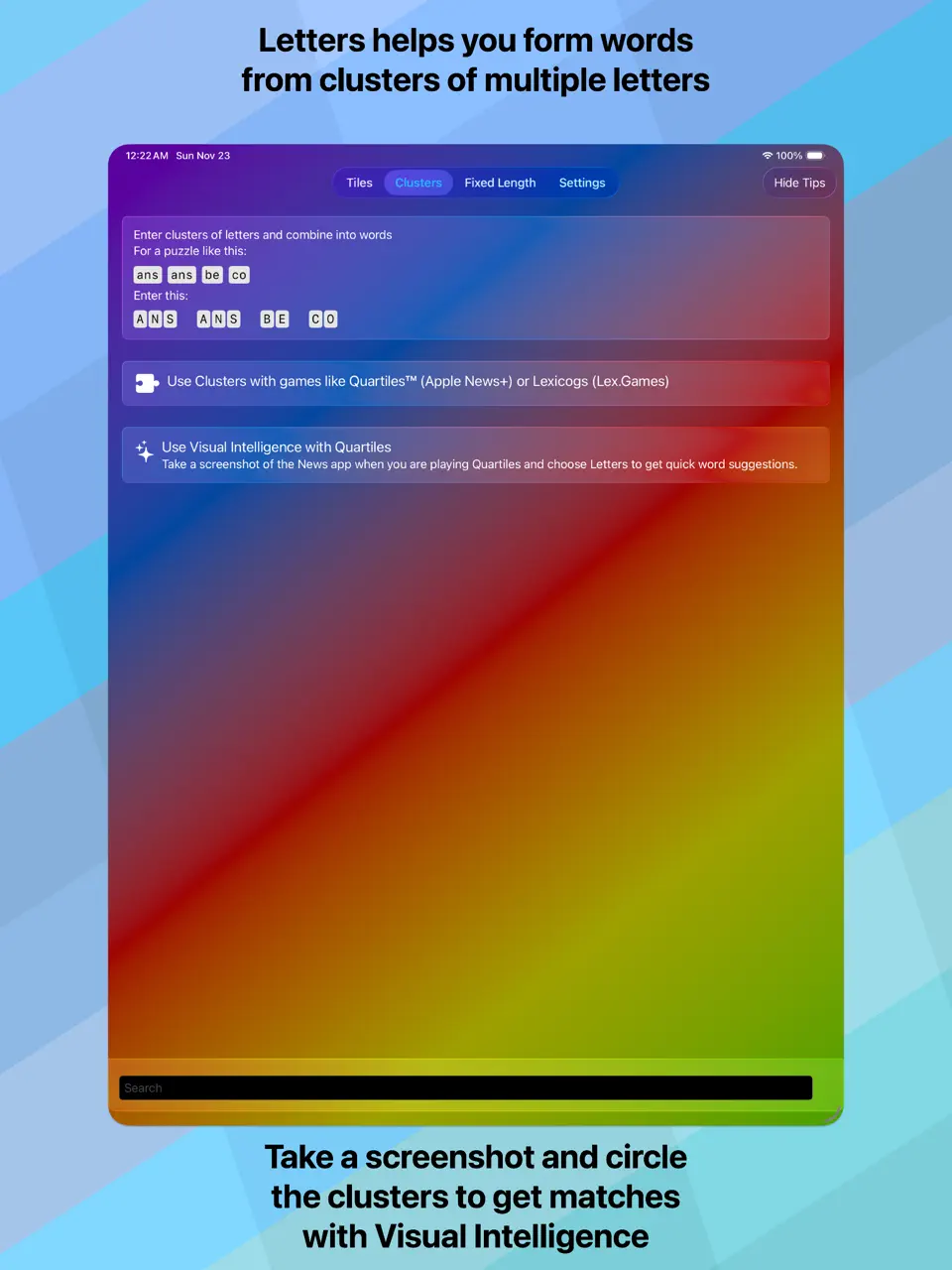 Letters + Words Clusters mode on iPad