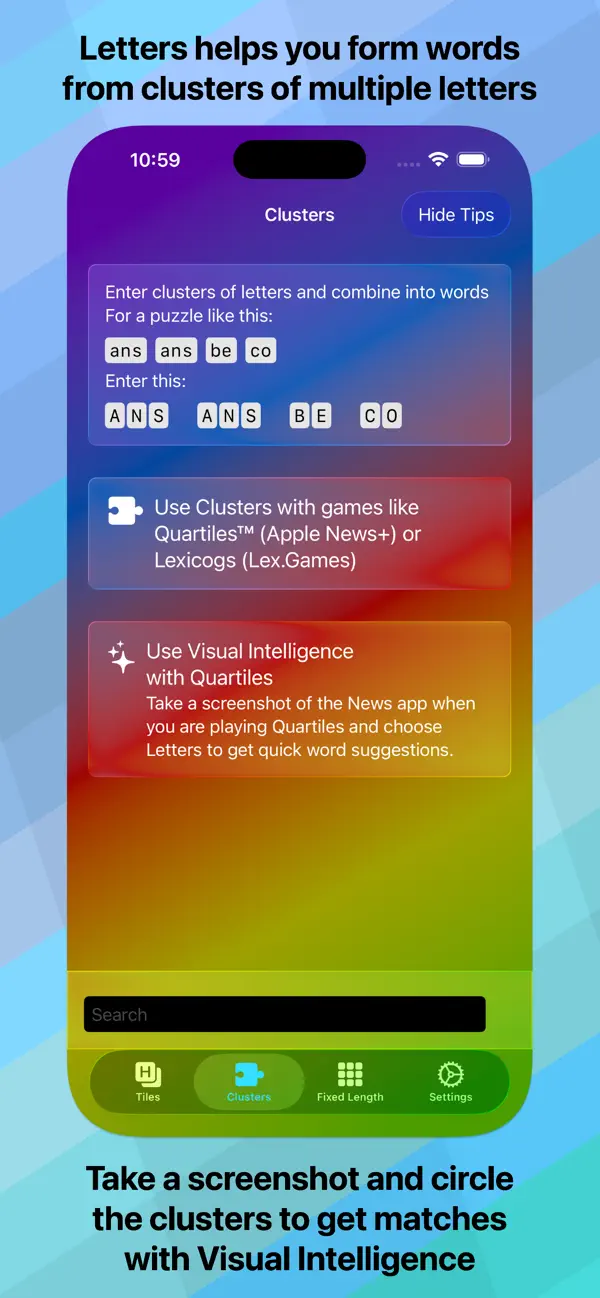 Letters + Words Clusters mode on iPhone