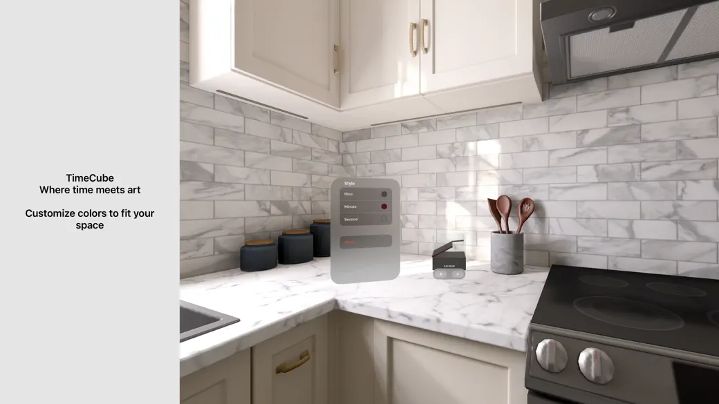 TimeCube color customization on a kitchen counter in Apple Vision Pro